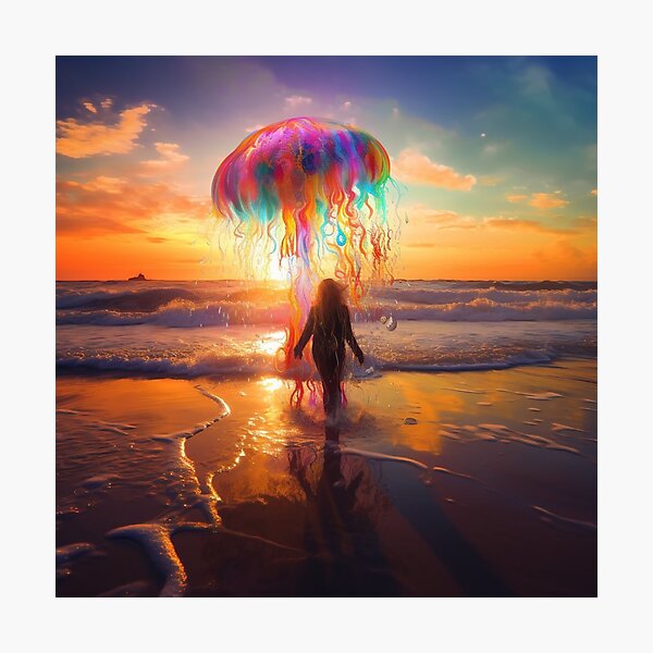 Item preview, Silhouette Beneath a Rainbow Jellyfish Sky designed and sold by MongLongStudio.