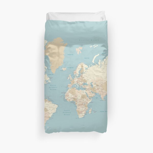 Cream, brown and muted teal world map, "Jeff" Duvet Cover