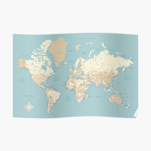Cream, brown and muted teal world map, "Jeff" Poster