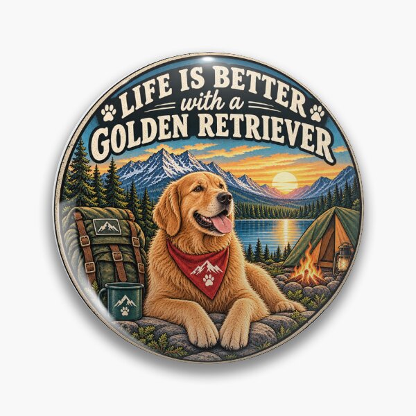 Item preview, Golden Retriever Camping Vintage Mountain Lake Badge designed and sold by lovepower.