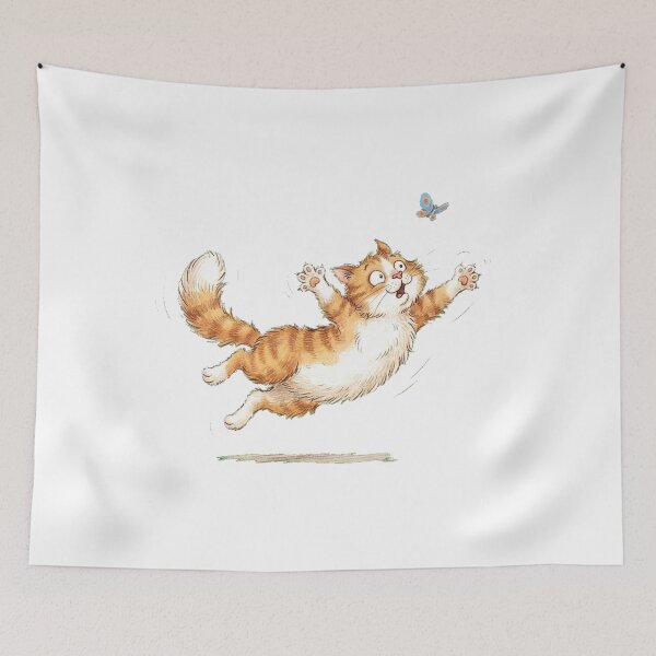 Item preview, Playful Orange Tabby Cat Leaping After a Blue Butterfly Cute Cartoon Art designed and sold by Wildlife Wonders.