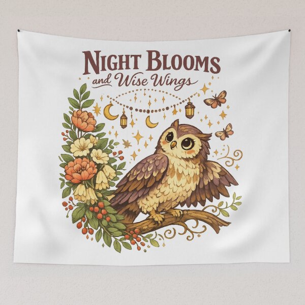 Item preview, Night Blooms and Wise Wings Owl Floral Moon Cottagecore Art Design designed and sold by inkoutninja.