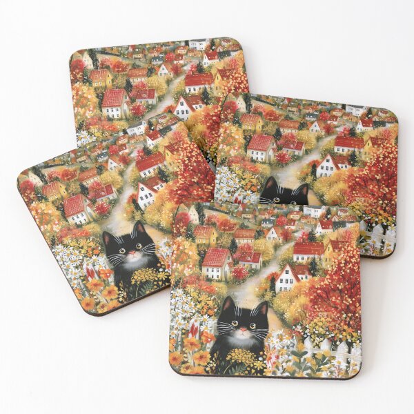 Item preview, Whimsical Black Cat & Cottagecore Autumn Village Landscape designed and sold by Whimsical Wayfarer.