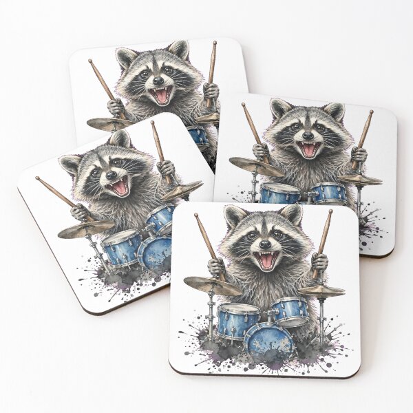 Item preview, Little Drummer Raccoon Playing Drum Set Watercolor designed and sold by Yellowriversss.