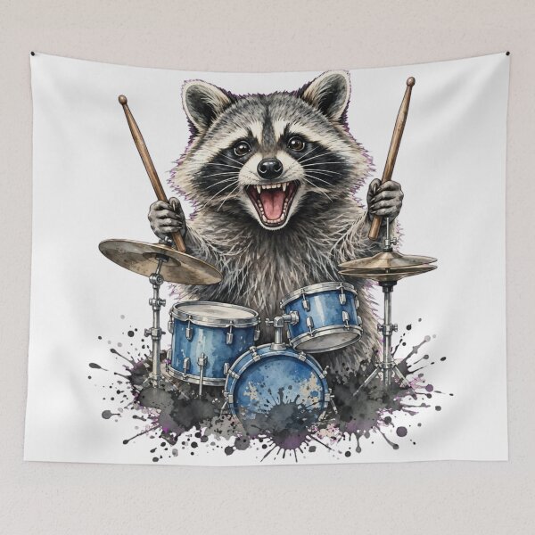 Item preview, Little Drummer Raccoon Playing Drum Set Watercolor designed and sold by Yellowriversss.