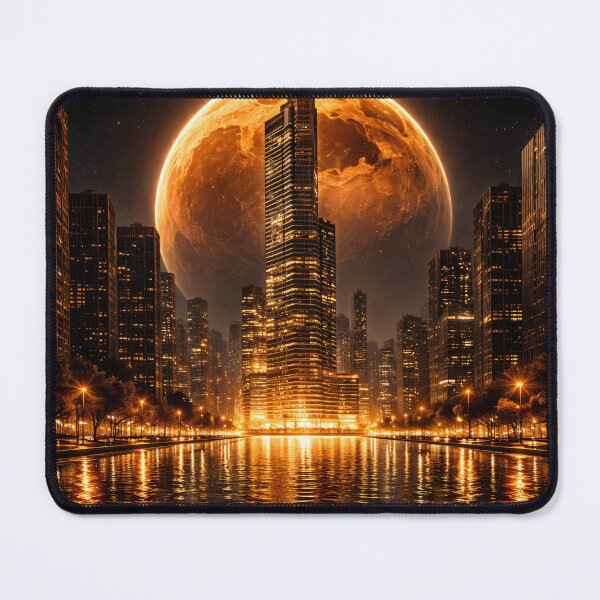 Item preview, Golden Planet Over Futuristic City – Sci Fi Urban Night Fantasy Art Print designed and sold by Kaleidoscope Print.