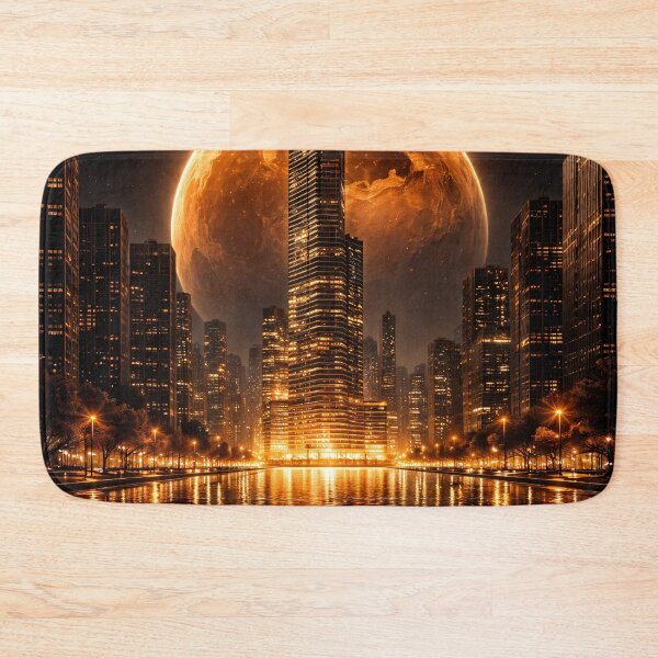 Item preview, Golden Planet Over Futuristic City – Sci Fi Urban Night Fantasy Art Print designed and sold by Kaleidoscope Print.