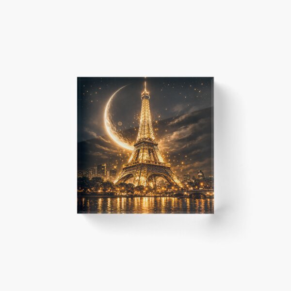 Item preview, Golden Eiffel Tower Under Crescent Moon – Magical Paris Night Fantasy Art Print designed and sold by Kaleidoscope Print.