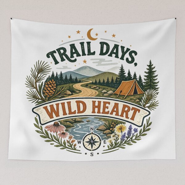 Item preview, Trail Days Wild Heart Hiking Camping Mountain Adventure Art designed and sold by inkoutninja.