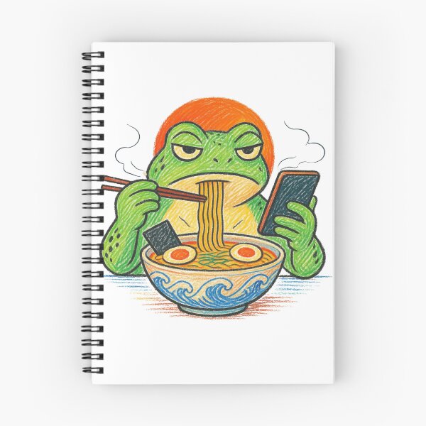 Item preview, Grumpy Frog Eating Ramen – Japanese Crayon Drawing Vintage Poster designed and sold by Magda-Creates.