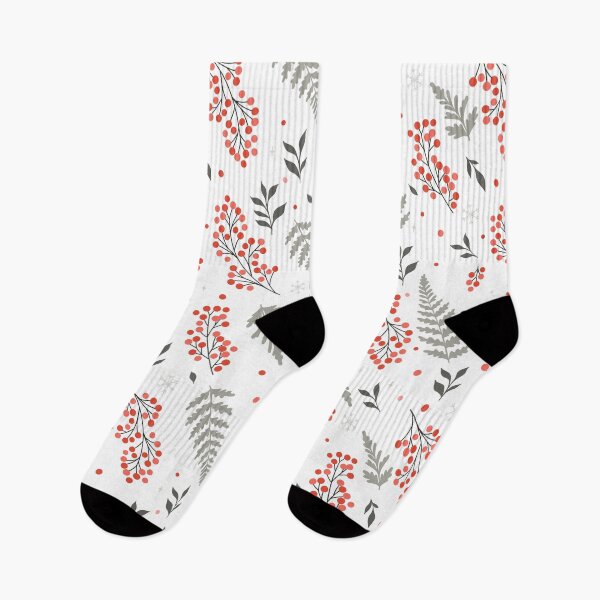 Item preview, red berries, grey botanical branches and snowflakes on white background designed and sold by burbura.