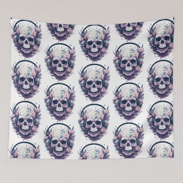Item preview, Skull With Headphones And Flowers Illustration designed and sold by teeteeworldc.