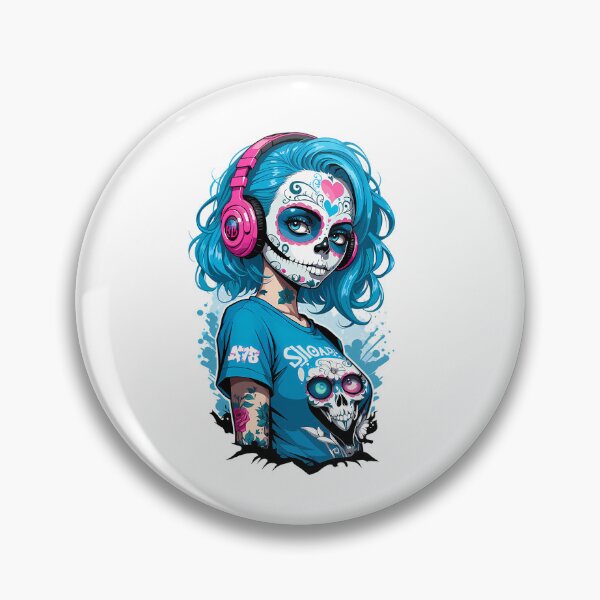 Item preview, Sugar Skull Girl With Blue Hair  Pink Headphones designed and sold by teeteeworldc.