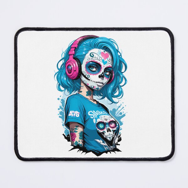 Item preview, Sugar Skull Girl With Blue Hair Pink Headphones designed and sold by teeteeworldc.