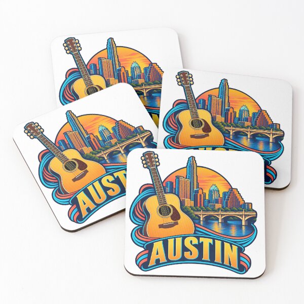 Artikelvorschau, Akustikgitarre und Sonnenuntergangs-Skyline in Austin, Texas entworfen und verkauft von SAS-Designer.