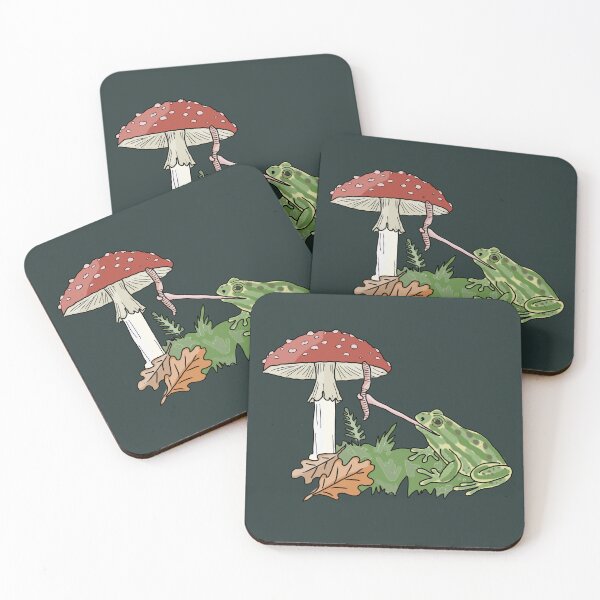 Item preview, Frog catching a worm from a mushroom cottagecore illustration designed and sold by LeshanArt.