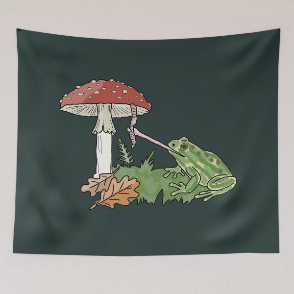 Item preview, Frog catching a worm from a mushroom cottagecore illustration designed and sold by LeshanArt.