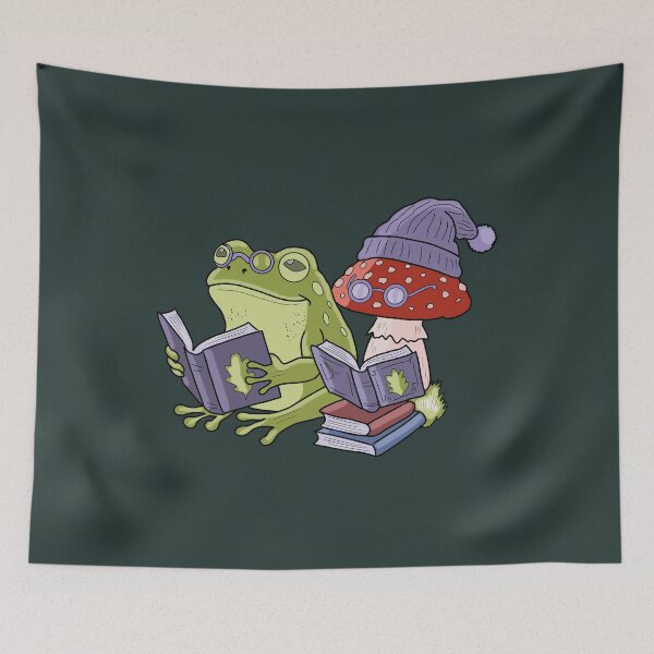 Item preview, Frog reading book with mushroom cottagecore illustration designed and sold by LeshanArt.