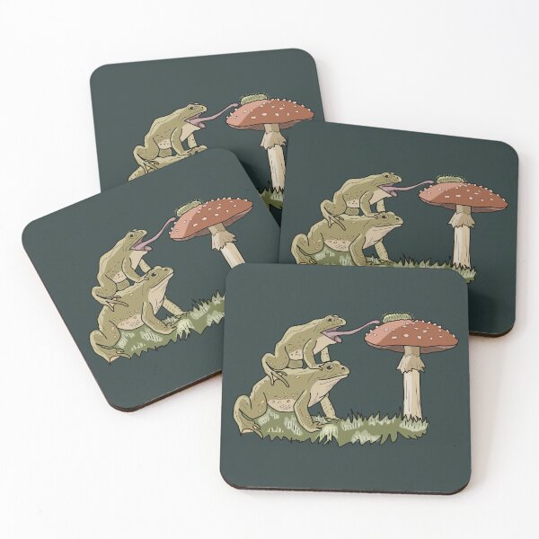 Item preview, Frog stack catching caterpillar on red mushroom cottagecore art  designed and sold by LeshanArt.