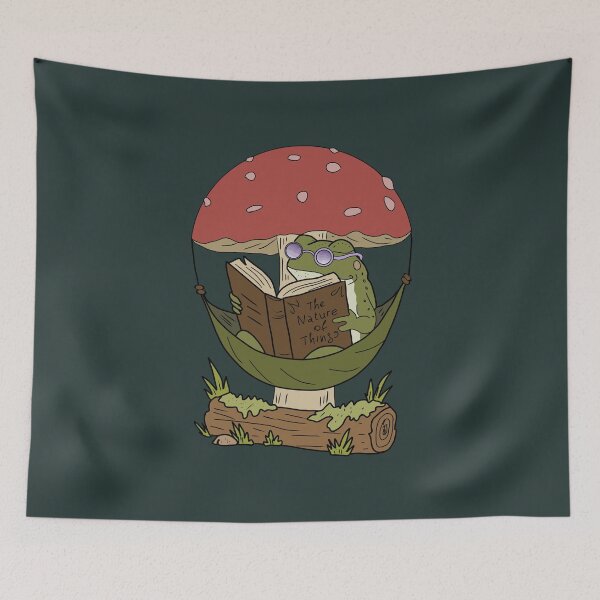 Item preview, Frog reading book in hammock mushroom cottagecore illustration designed and sold by LeshanArt.