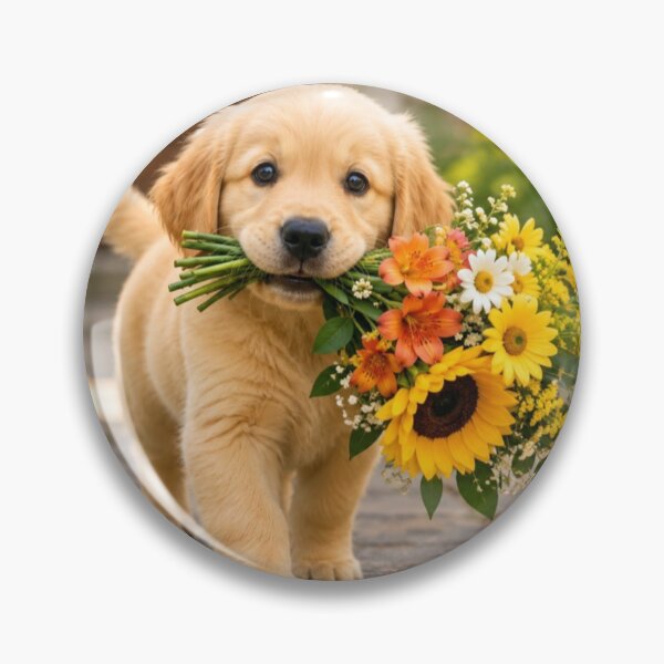 Item preview, Golden Retriever Puppy with a Bouquet of Flowers  designed and sold by Wild Bloom Paws.