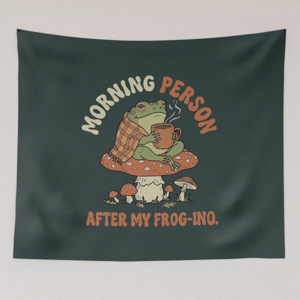 Item preview, Frog drinking coffee on mushroom cottagecore illustration designed and sold by LeshanArt.