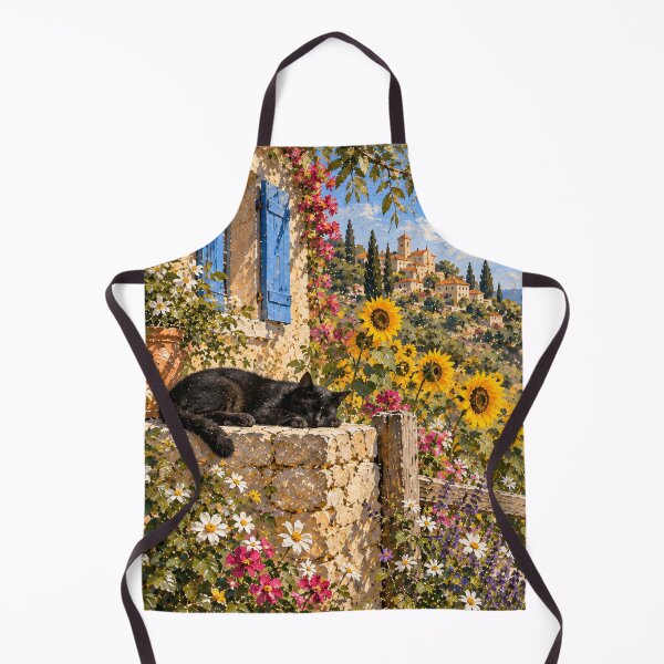 Item preview, Mediterranean Coastal Oil Painting Sunflowers Black Cat designed and sold by Jozefin's Studio.