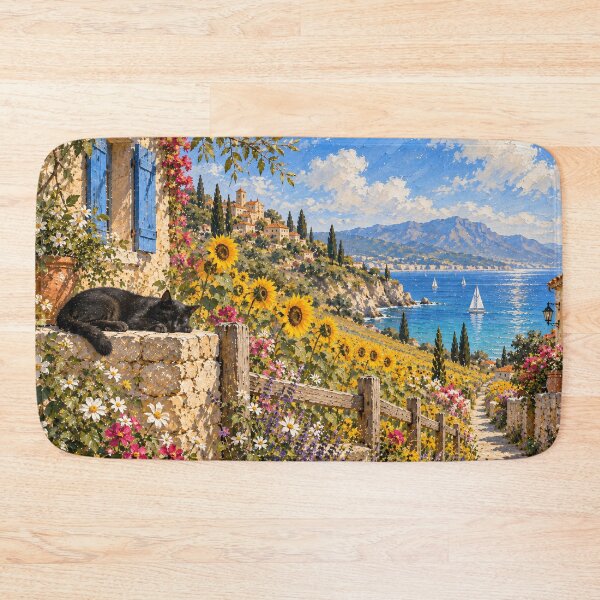 Item preview, Mediterranean Coastal Oil Painting Sunflowers Black Cat designed and sold by Jozefin's Studio.