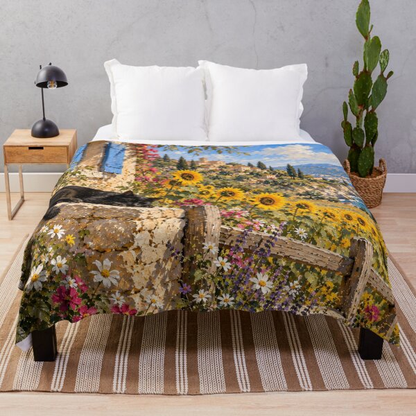 Item preview, Mediterranean Coastal Oil Painting Sunflowers Black Cat designed and sold by Jozefin's Studio.