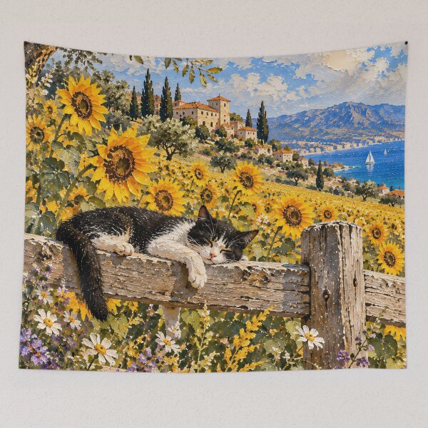 Item preview, Sunflower Field Oil Painting Cat Napping Mediterranean Coast designed and sold by Jozefin's Studio.