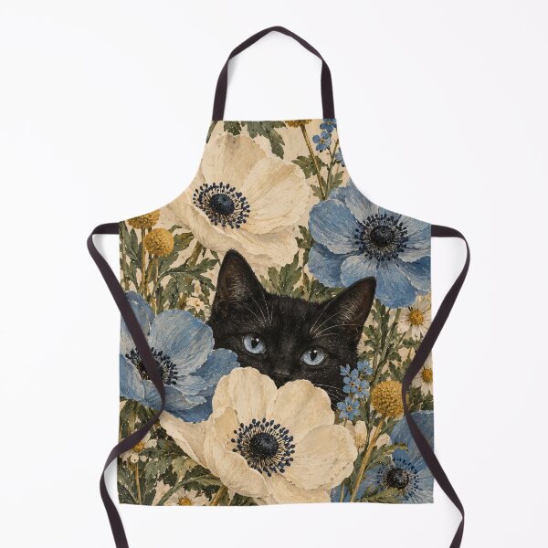 Item preview, Black Cat Botanical Painting Blue Anemone Floral designed and sold by Jozefin's Studio.