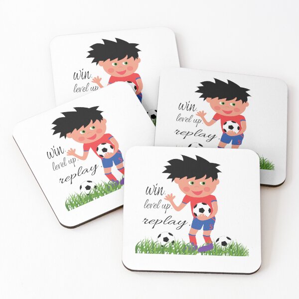Item preview, Cute Kids Soccer Player Illustration with "Win Level Up Replay" Typography designed and sold by Carftora786.