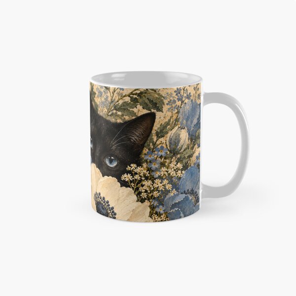 Item preview, Black Cat Peeking Through Blue Anemone Floral Oil Painting designed and sold by Jozefin's Studio.