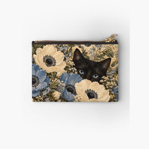 Item preview, Black Cat Peeking Through Blue Anemone Floral Oil Painting designed and sold by Jozefin's Studio.