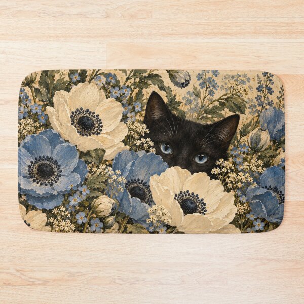 Item preview, Black Cat Peeking Through Blue Anemone Floral Oil Painting designed and sold by Jozefin's Studio.