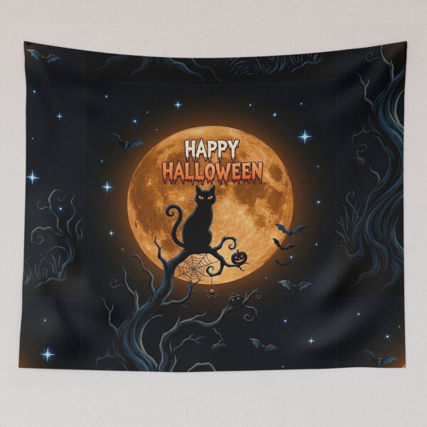 Item preview, Spooky Black Cat Halloween Moon Bats Dark Night Art designed and sold by littlepiptales.