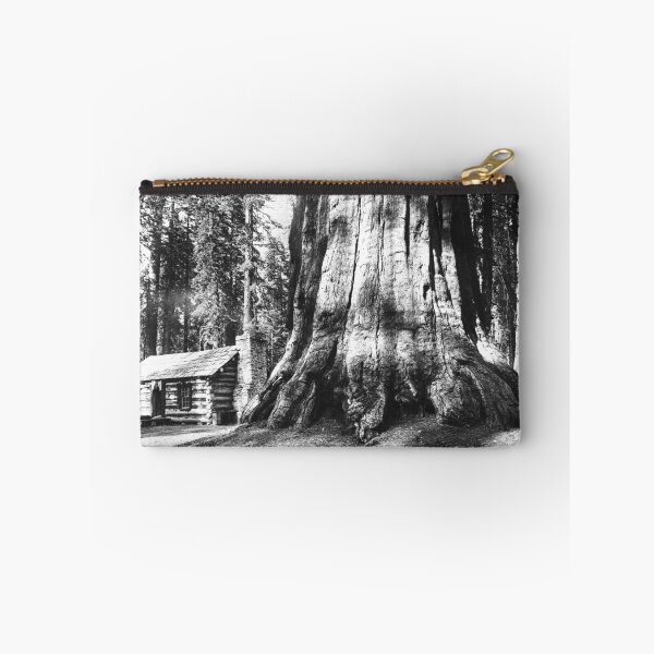 Item preview, A log cabin dwarfed by a big sequoia tree in Mariposa Grove in Yosemite National Park vintage black and white photograph designed and sold by Astrid Arkhangelsky.