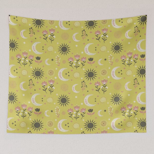 Item preview, Mystic Moons and Suns with Wildflowers in Mustard Yellow designed and sold by Pattique.