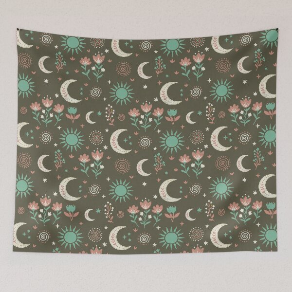 Item preview, Mystic Moons and Suns with Wildflowers in Olive Green designed and sold by Pattique.