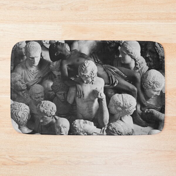 Item preview, Wounded by Classical Beauty reclining man amid statues of gods and goddesses black and white vintage photograph by Eduardo Chicharro Briones Gregorio Prieto designed and sold by Astrid Arkhangelsky.