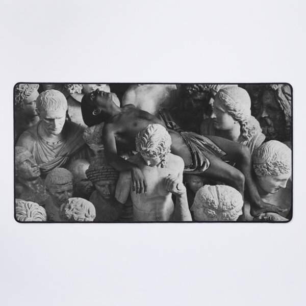 Item preview, Wounded by Classical Beauty reclining man amid statues of gods and goddesses black and white vintage photograph by Eduardo Chicharro Briones Gregorio Prieto designed and sold by Astrid Arkhangelsky.