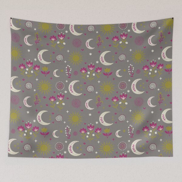 Item preview, Mystic Moons and Suns with Wildflowers in Gray and Fuchsia designed and sold by Pattique.