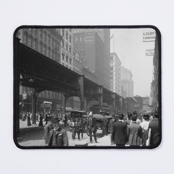 Item preview, The magnificent mile, Chicago, Illinois, landmark elevated subway loop Wabash Avenue, 1907 street view black and white vintage photograph designed and sold by Astrid Arkhangelsky.