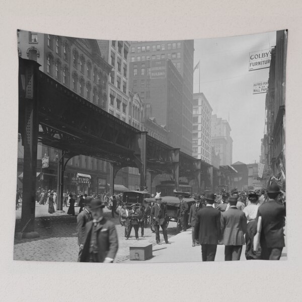 Item preview, The magnificent mile, Chicago, Illinois, landmark elevated subway loop Wabash Avenue, 1907 street view black and white vintage photograph designed and sold by Astrid Arkhangelsky.