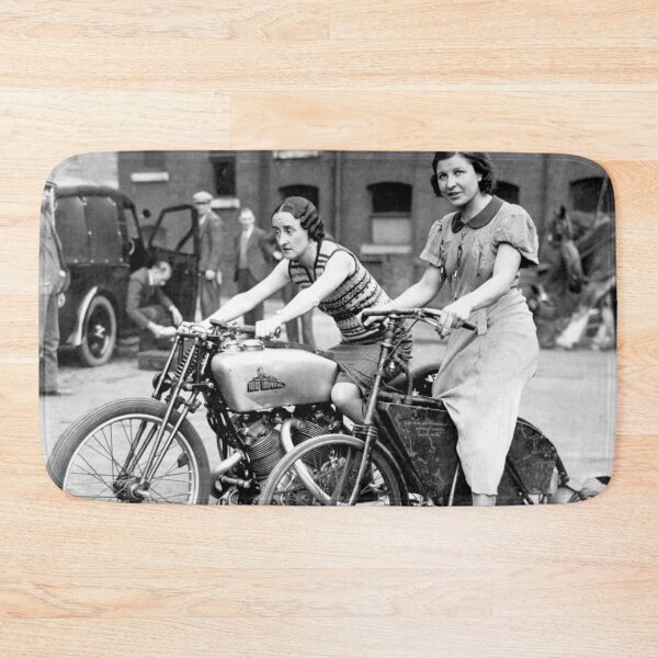 Item preview, 1935 Two Ladies Astride on Crank Drive Motorcycle and 500 New Imperial Twin vintage black and white photograph designed and sold by Astrid Arkhangelsky.