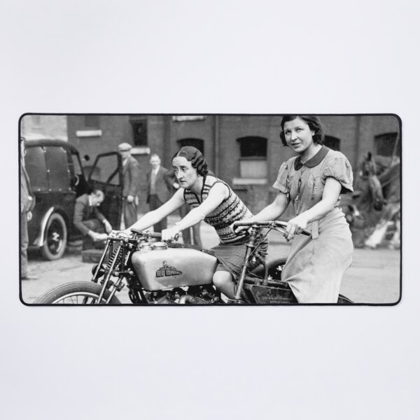 Item preview, 1935 Two Ladies Astride on Crank Drive Motorcycle and 500 New Imperial Twin vintage black and white photograph designed and sold by Astrid Arkhangelsky.