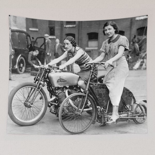 Item preview, 1935 Two Ladies Astride on Crank Drive Motorcycle and 500 New Imperial Twin vintage black and white photograph designed and sold by Astrid Arkhangelsky.
