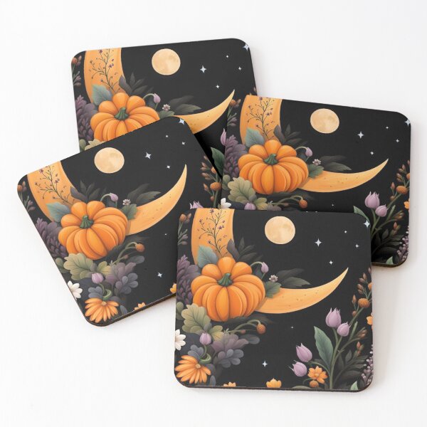 Item preview, Witchy Autumn Crescent Moon and Pumpkin Art — Celestial Floral Halloween Print designed and sold by LYAN-STORE.