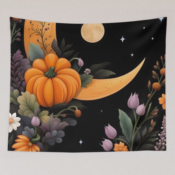 Item preview, Witchy Autumn Crescent Moon and Pumpkin Art — Celestial Floral Halloween Print designed and sold by LYAN-STORE.