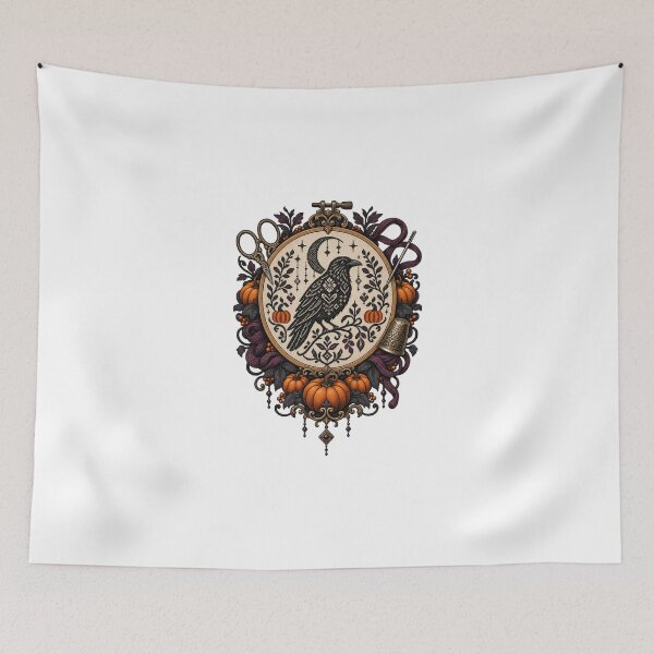 Item preview, Raven and Pumpkin Blackwork Wreath designed and sold by UrbanCanvvas.